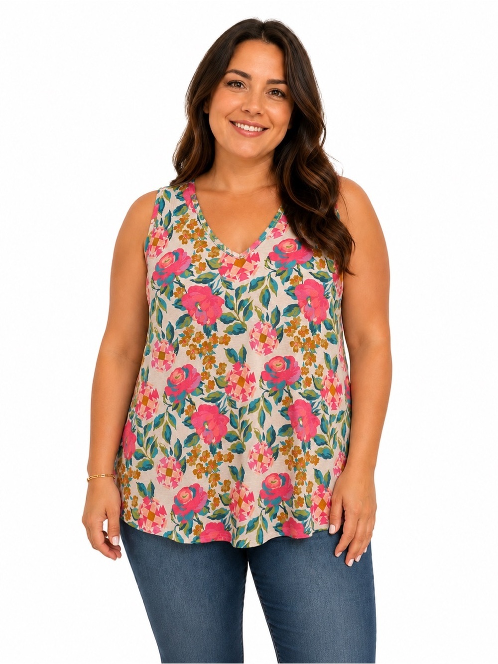 Crazy Train Bright Floral V-Neck Tank Top - Pink, Teal & Orange